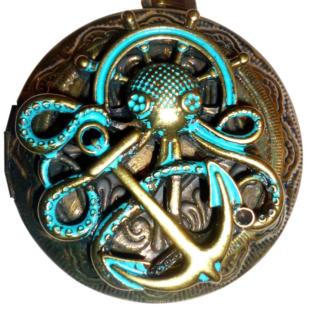 Vintage Octopus Anchor Nautical Locket Pendant Bronze Teal Steampunk Antiqued